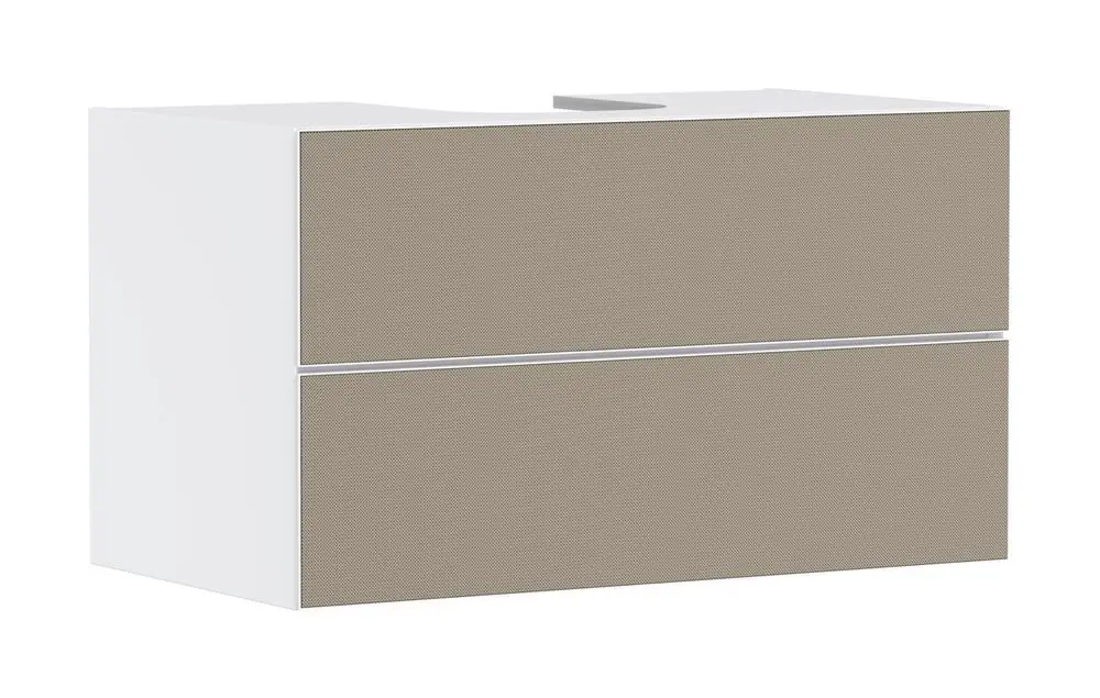 Hansgrohe Waschtischunterschrank in Mattweiß mit zwei Schubkästen, schräg geschnitten, minimalistisches Design, geeignet für einen Aufsatzwaschtisch.